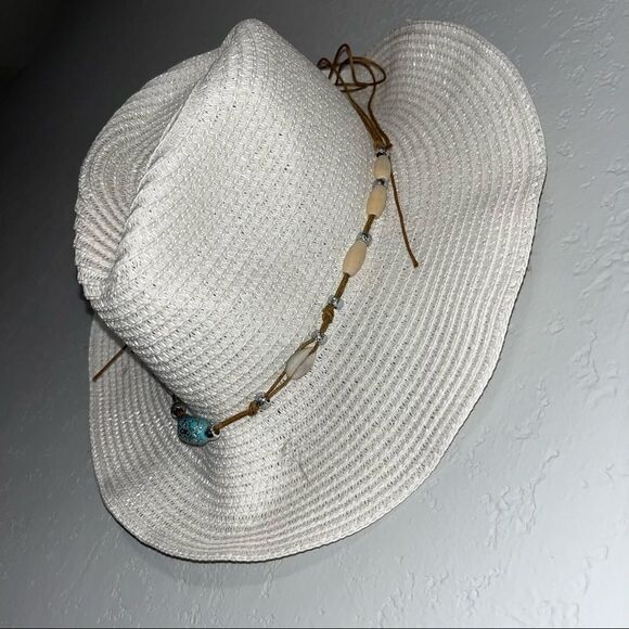 Women's White Western Festival Hat with Turquoise Leather Beaded Band - Picture 6 of 9